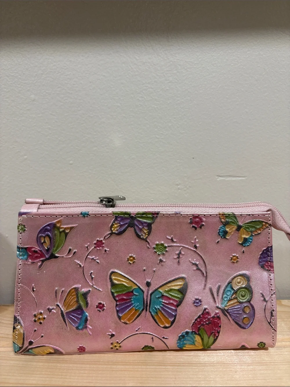 Pink Butterfly Embossed Leather Zip Wallet
